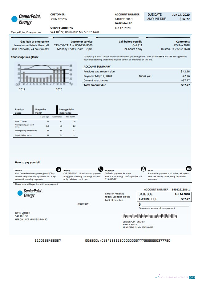 download USA Texas Center Point Energy utility bill template in Word and PDF format PDF template